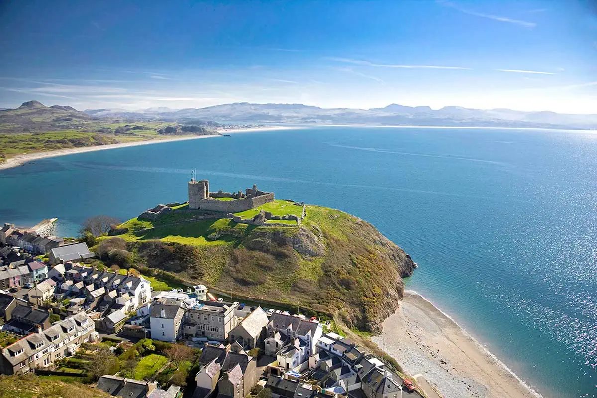 Aerial view of Criccieth Castle and coastline