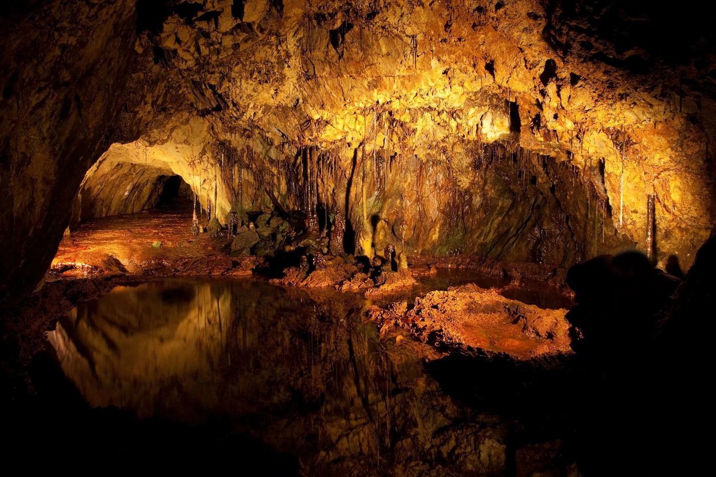 Illuminated cavern inside Sygun Copper Mine